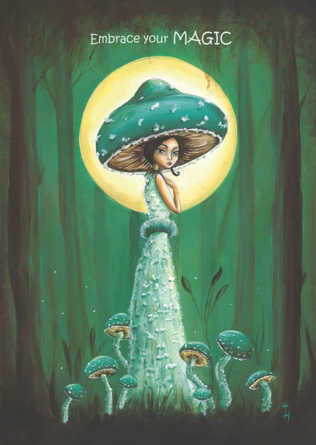 groene paddestoelen elf omringd door groen paddenstoelen in bos