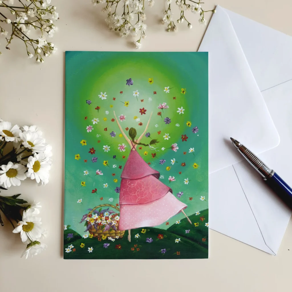 Wenskaart met meisje in een bloemenregen