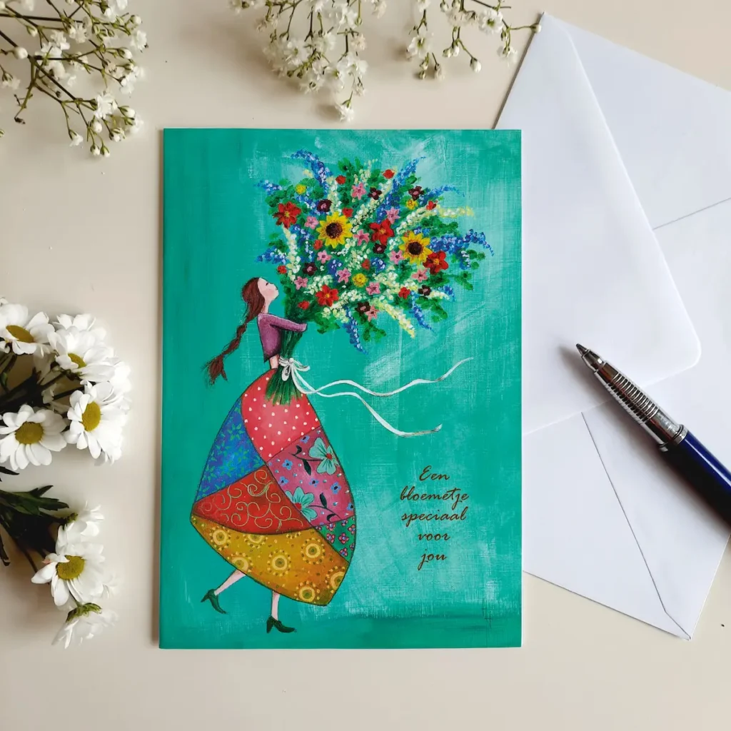 Turqoise Wenskaart van meisje die een mega groot bloemen boeket vasthoudt