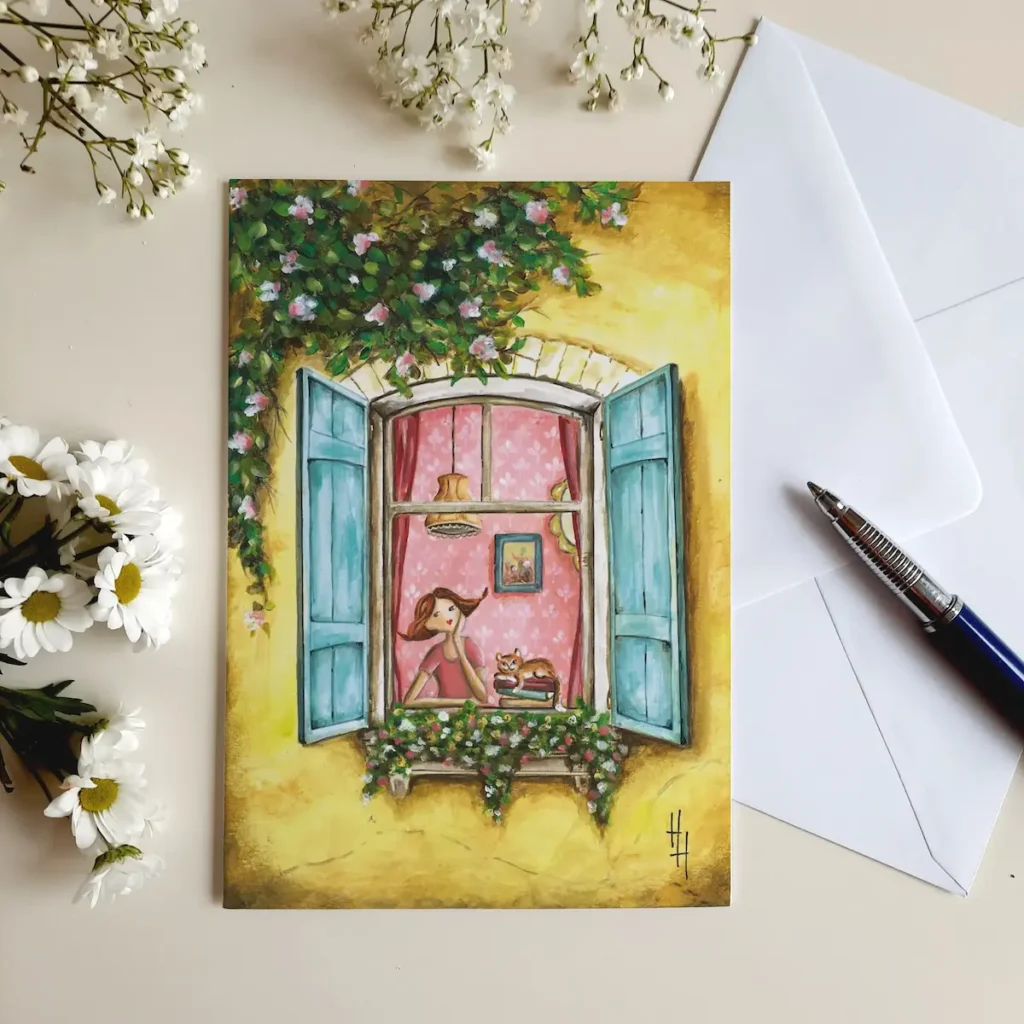 Wenskaart van meisje die uit het raam kijkt terwijl de kat op een stapel boeken naast haar ligt