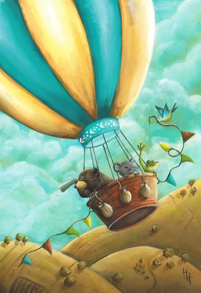 Handgeschilderde illustratie van een beer een muis en een kikker in een luchtballon