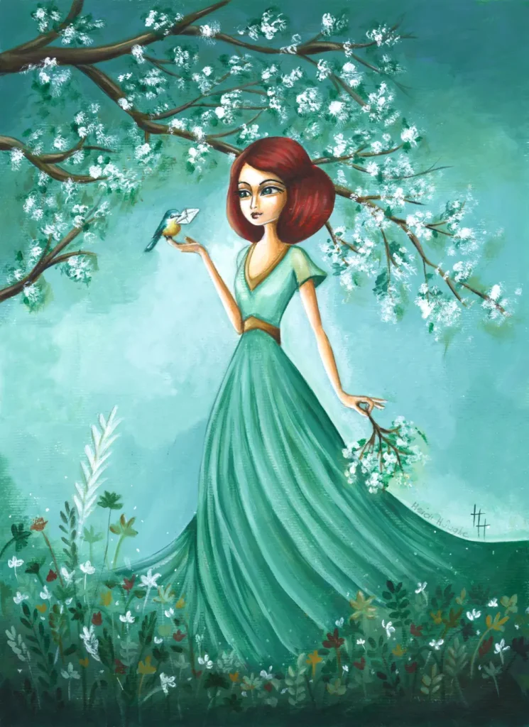 Handgeschilderde illustratie van een vrouw die een vogelje met briefje in de bek op haar hand draagt