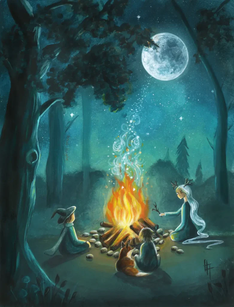 Handgeschilderde illustratie van drie mythische wezens rond een kampvuur tijdens een volle maan