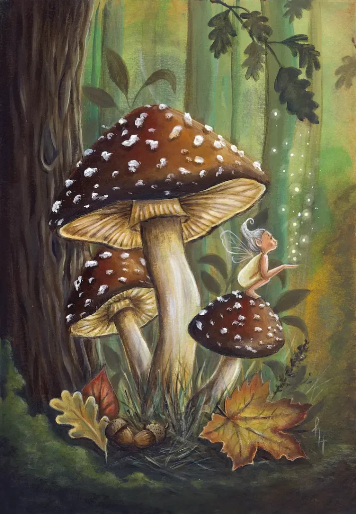 elfje zittend op een bruine paddenstoel met witte stippen in een bos