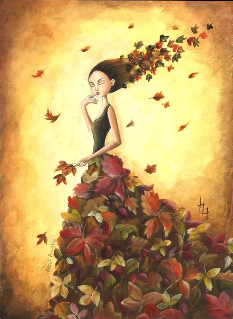 Handgeschilderde illustratie van een herfst fee getooid in een jurk van herfst bladeren