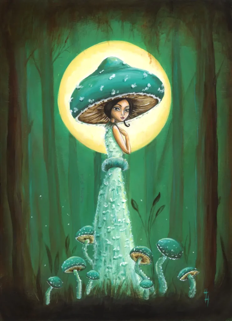 Handgeschilderde illustratie van een blauw groene paddenstoelen fee in het bos omringd door paddenstoelen