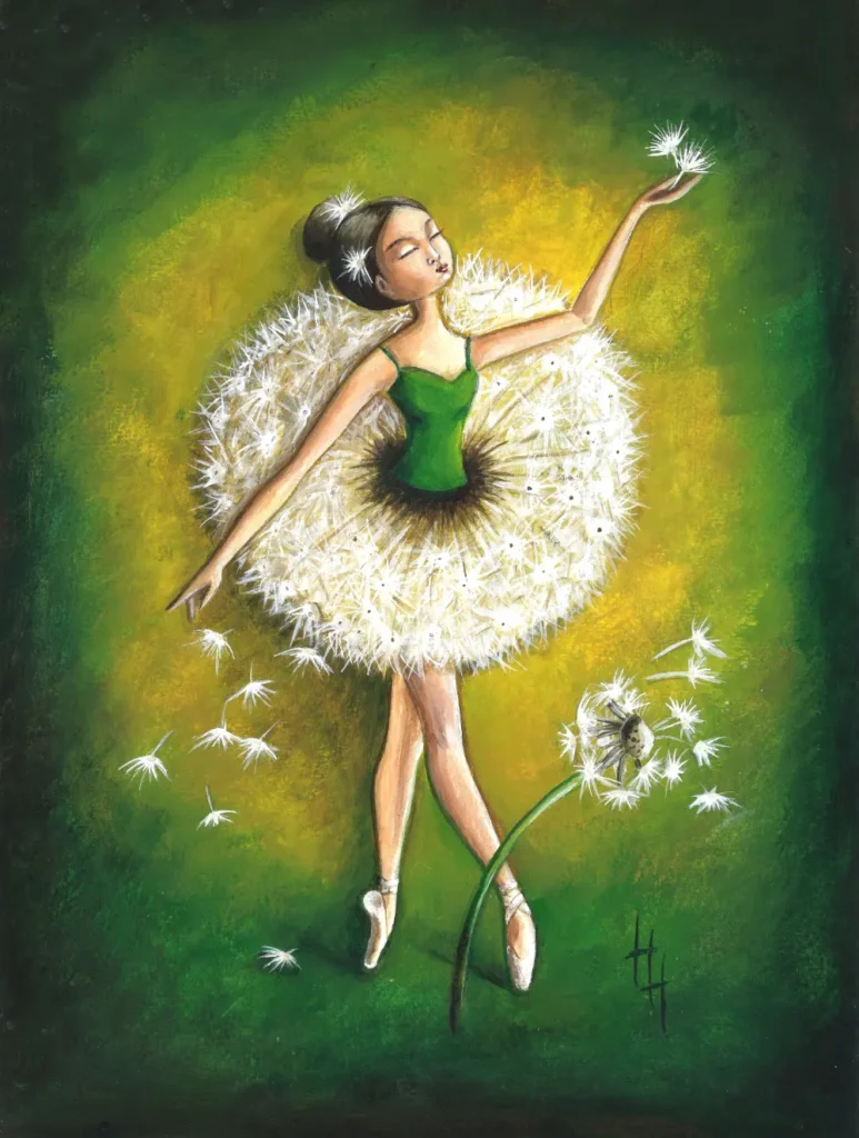 Handgeschilderde illustratie van een ballerina met een paardebloemen tutu.