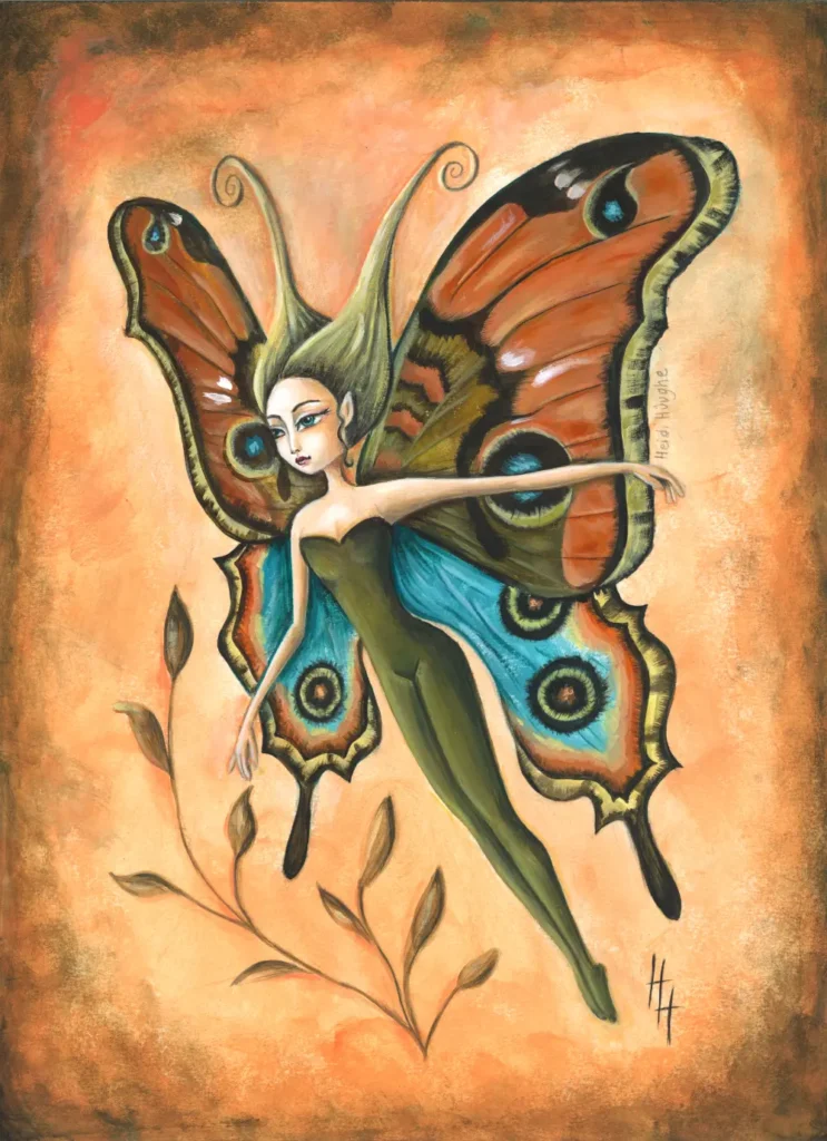 Handgeschilderde illustratie van een Elf met oranje blauwe vlindervleugels