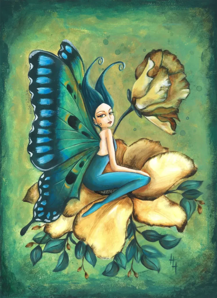 Handgeschilderde illustratie van een elf met vlinderveugels zittend op een bloem