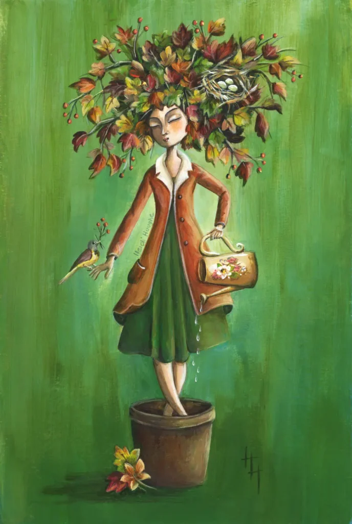 Illustratie van een vrouw met een herfstbladeren kapsel die in een bloempot staat en zichzelf water geeft met een watergieter