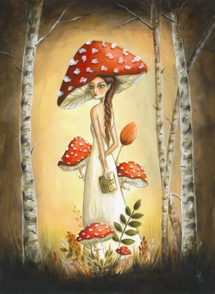 Handgeschilderde illustratie van een rode paddestoelen fee in een berkenbos