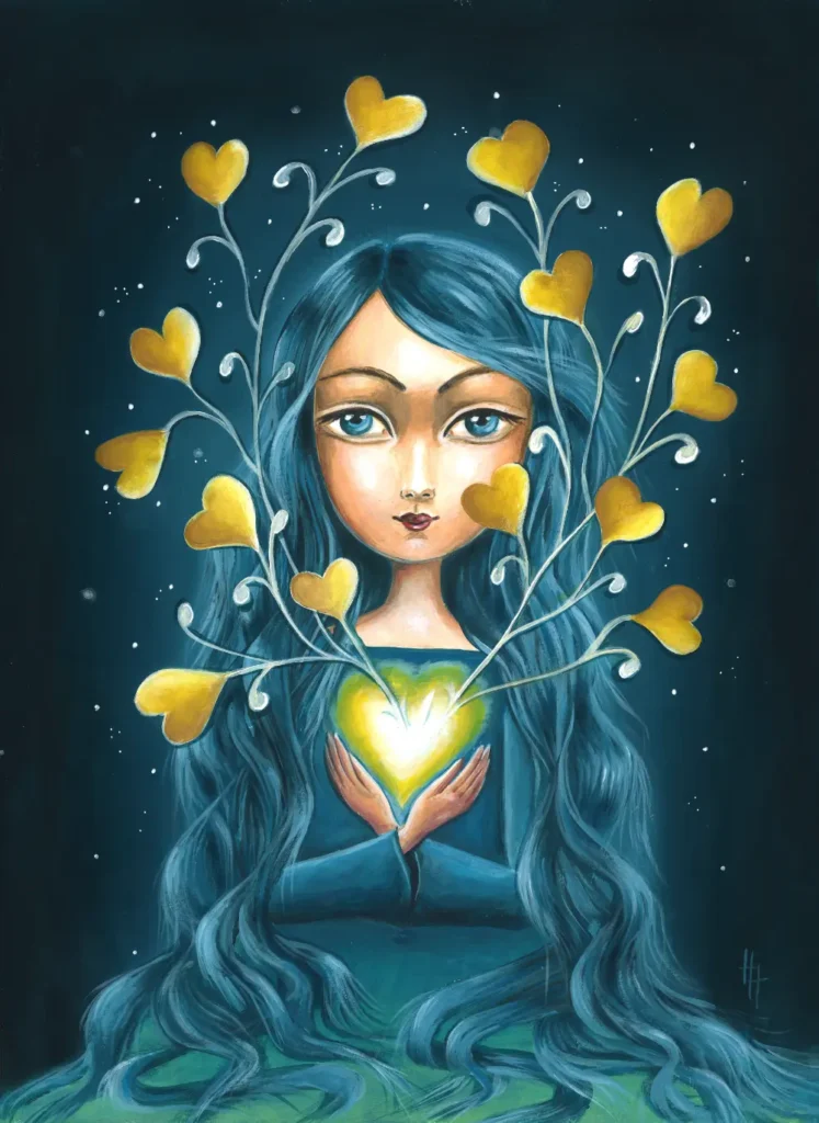 Handgeschilderde illustratie van een blauwharig meisje met een stralend hart waar een plant met harten uit groeit