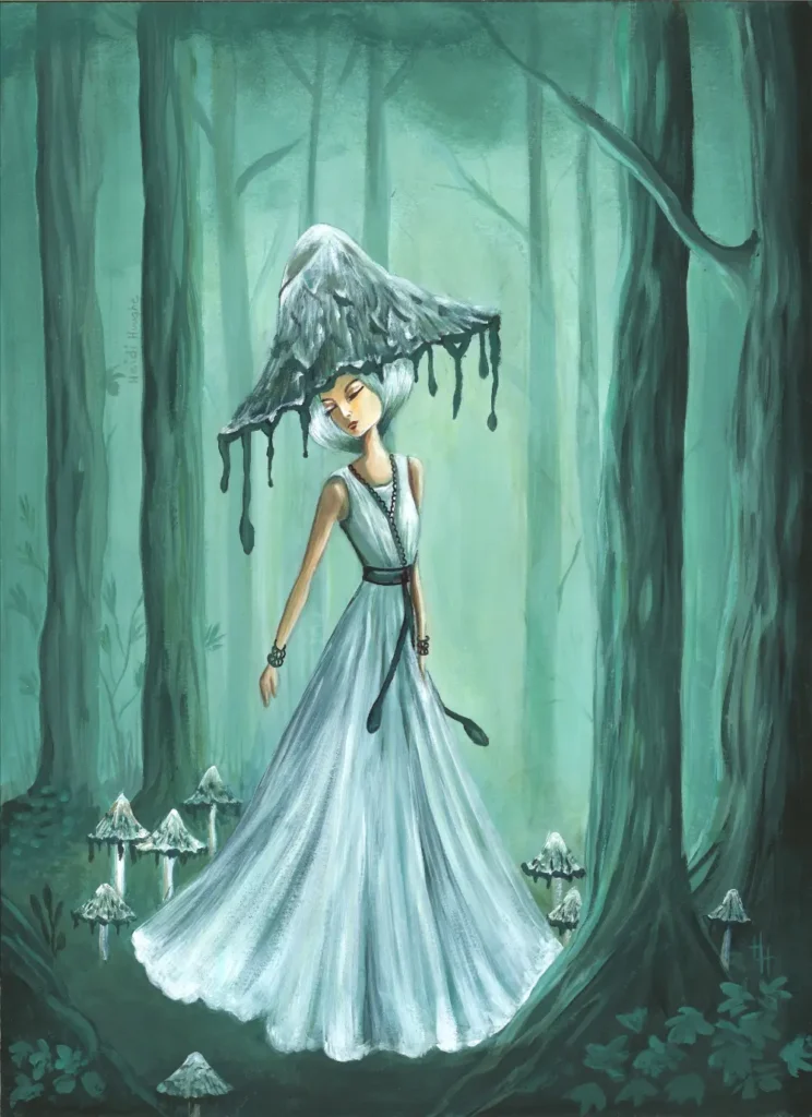 Handgeschilderde illustratie van een Inky Cap paddestoelen fee in het bos