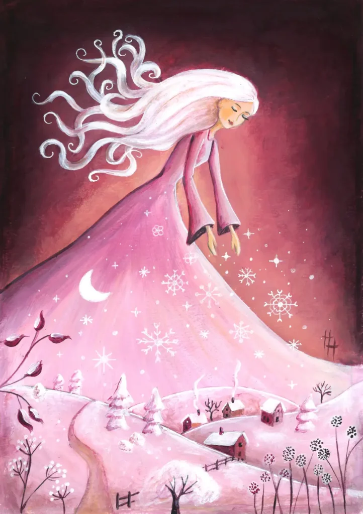 Kerst illustratie van een sneeuw fee die sneeuw laat vallen over een dorp