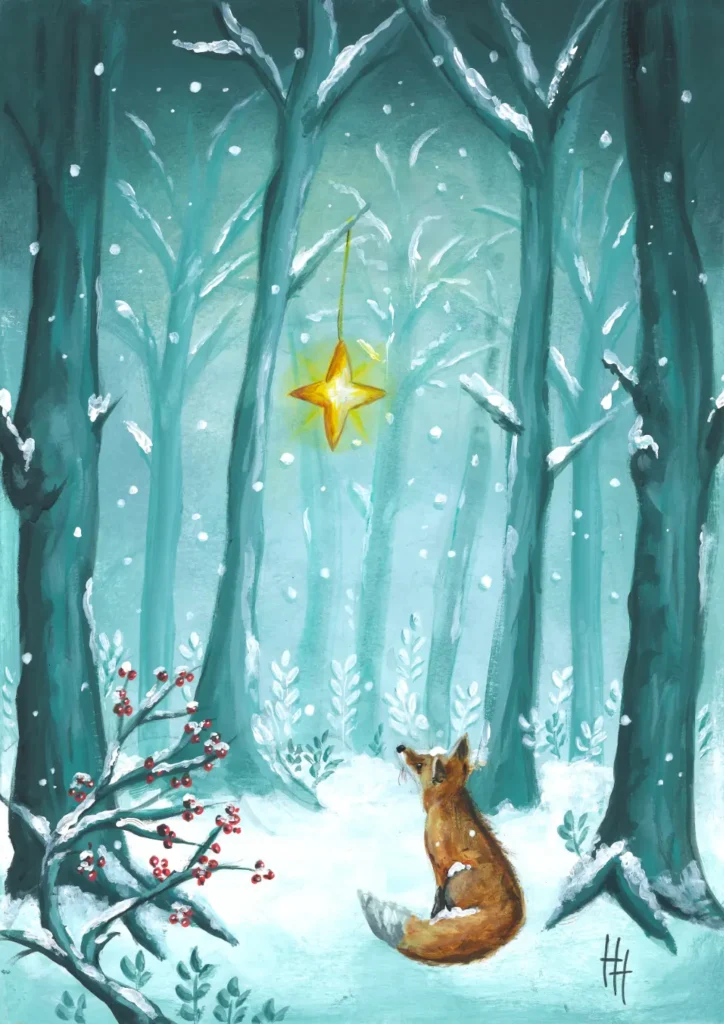 Winter illustratie van een vos die naar een van een tak hangende ster kijkt in het bos