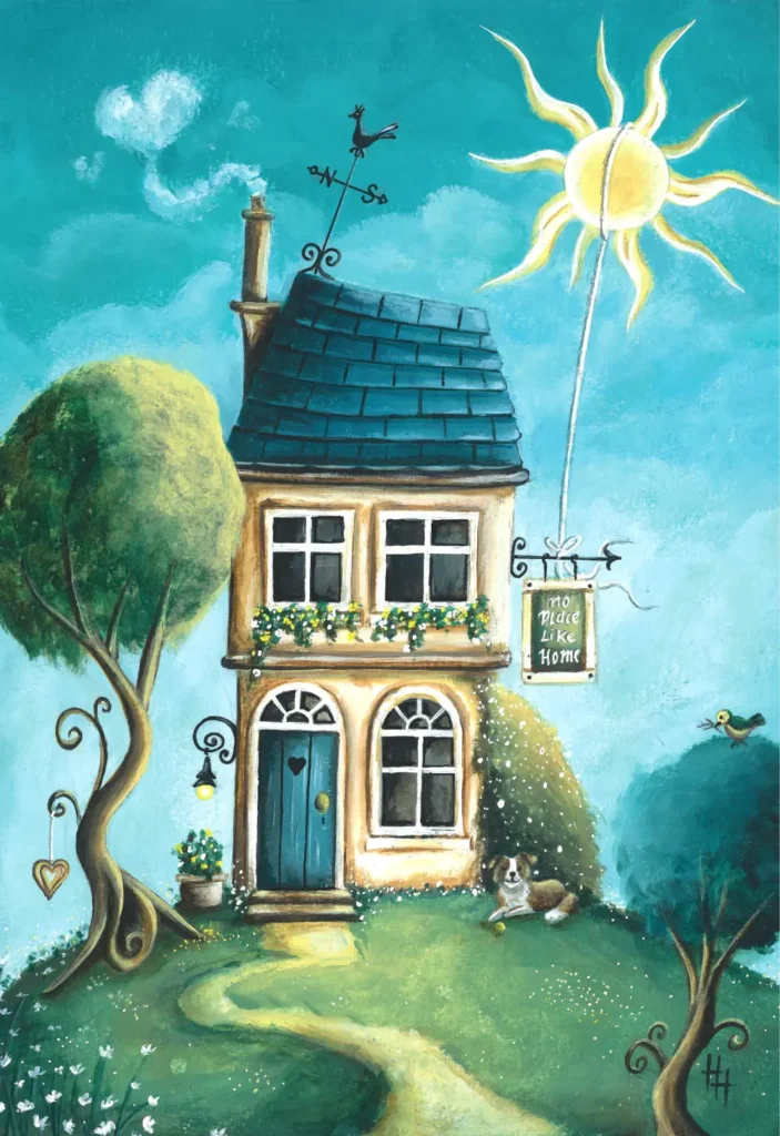 Handgeschilderde illustratie van een huis met hond en zonnetje die met een touw aan het huis vast zit