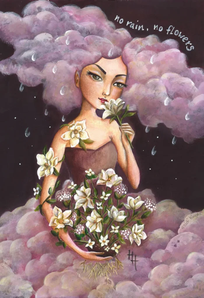 Handgeschilderde illustratie van een wolken fee die bloemen vast houdt terwijl er druppels uit haar wolkenhaar vallen