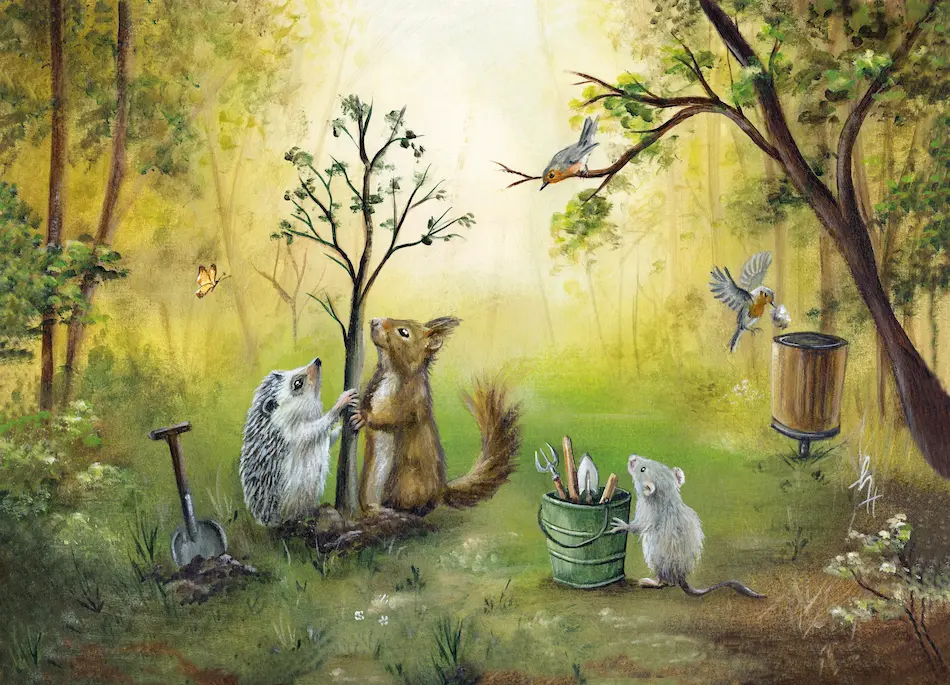 een eekhoorn en egel planten een boom en een muis houdt een emmer met gereedschap vast terwijl een vogeltje vuilnis in de vuilnisbak werpt