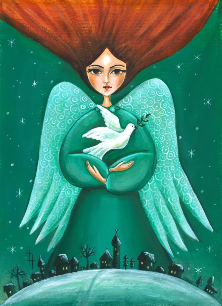 Een handgeschilderde illustratie van een vredes engel die een witte duif vasthoudt