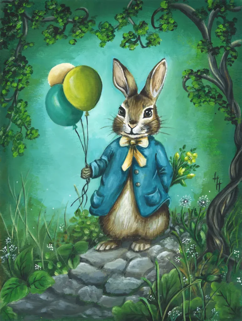 illustratie van Peter konijn met drie balonnen in de hand en een bloemen boeket achter zijn rug