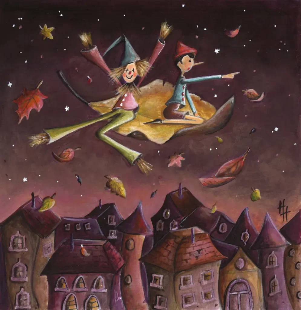 Handgeschilderde fantasie illustratie Pinocchio and mr Vogelverschrikker die op een blad door de lucht vliegen