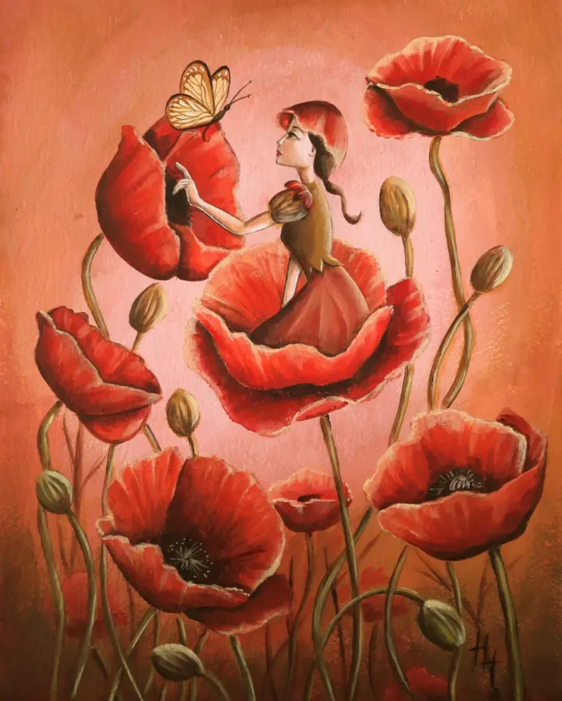 Origineel acryl schilderij van fee die in een klaproos zit en naar een vlinder kijkt