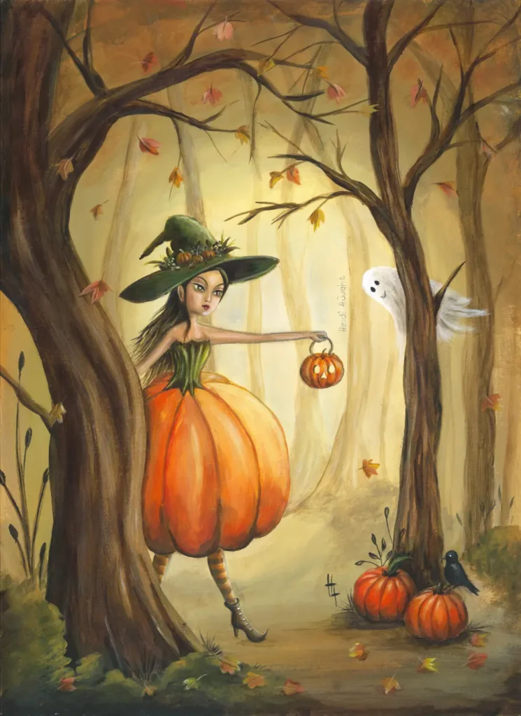 Halloween illustratie van een pompoen fee in een bos en een spook achet een boom