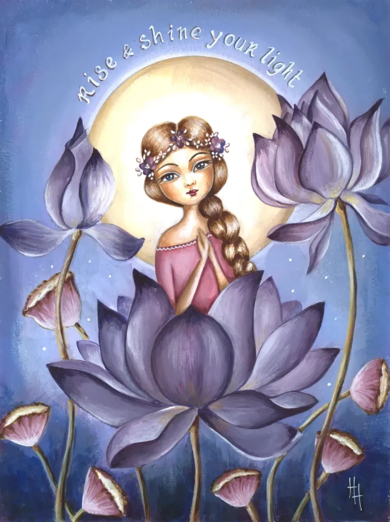 Origineel acryl schilderij van meisje die op een lotusbloem zit met de zon achter haar
