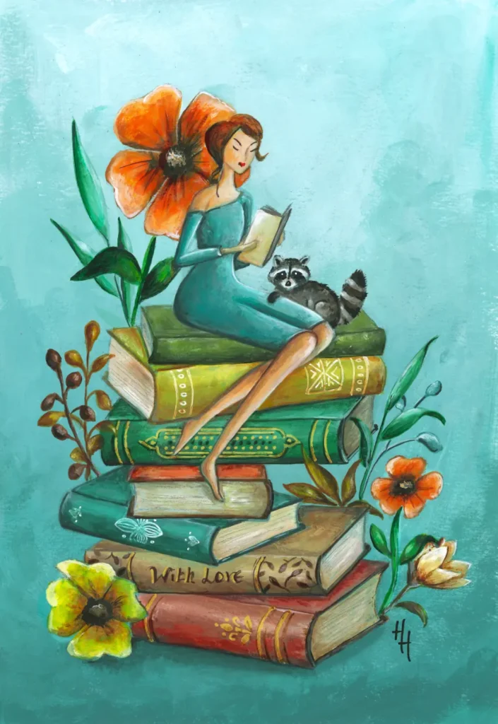 Een handgeschilderde fantasie illustratie van een lezende vrouw die samen met een wasbeer op een stapel boeken zit