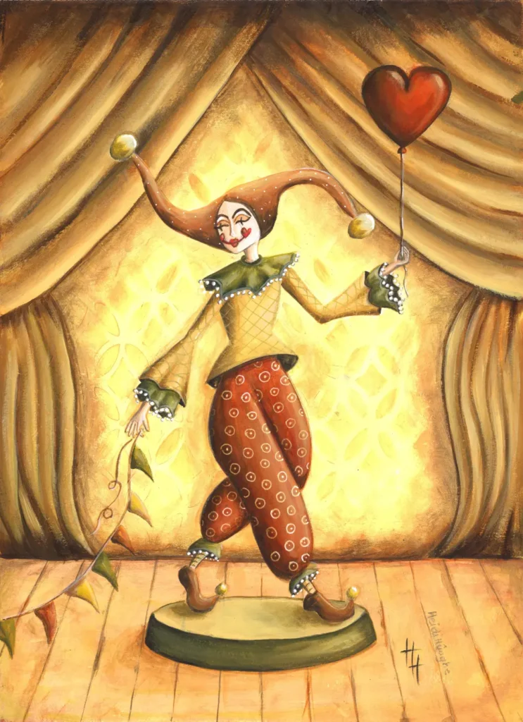 Origineel acryl schilderij van een clown op een podium die een hart vormige ballon vast houdt