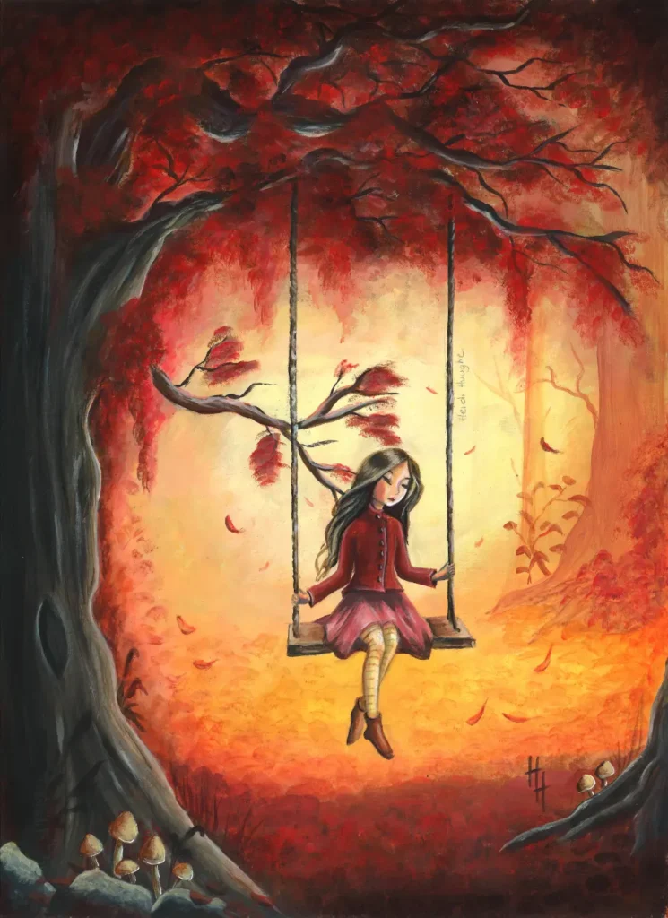 Origineel acryl schilderij, een herfst illustratie van een meisje op een schommel in het bos