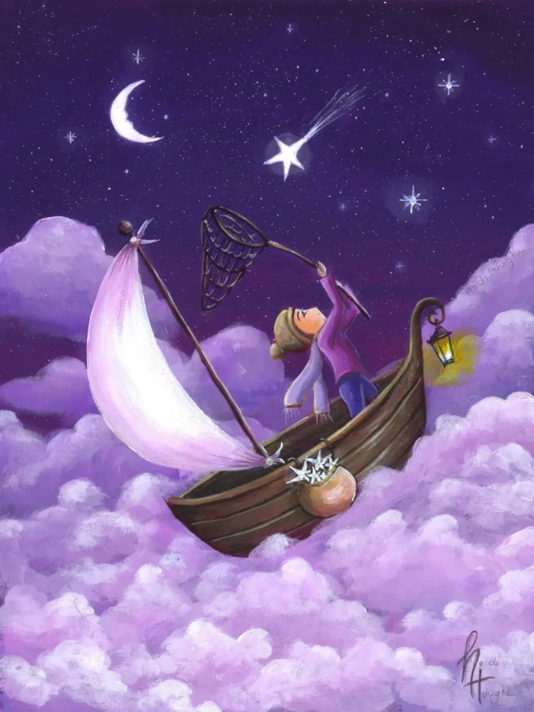Origineel acryl schilderij, een fantasie illustratie van een jongen die sterren vangt in een bootje varend op de wolken