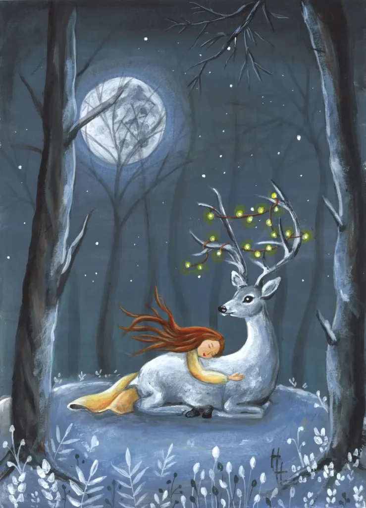 Origineel acryl schilderij, een winter illustratie van een meisje die in het bos een hert omhelst onder een volle maan