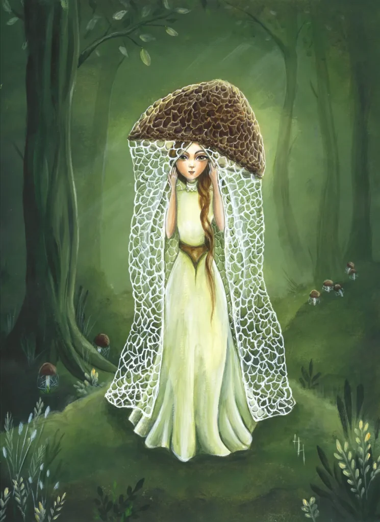 Origineel acryl schilderij - handgeschilderde illustratie van de veiled lady paddestoelen fee in het bos