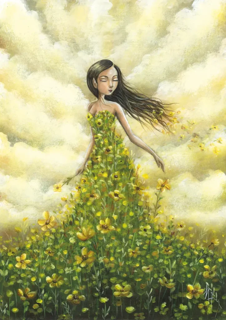 elf in een jurk van gele bloemen en een geel wolkendek op de achtergrond