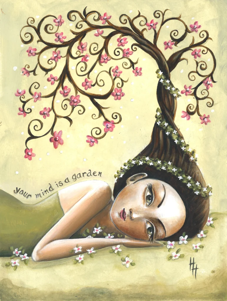 Origineel acryl schilderij - een handgeschilderde illustratie van een meisje liggend op de grond met haar haar in de vorm van een bloeiende boom