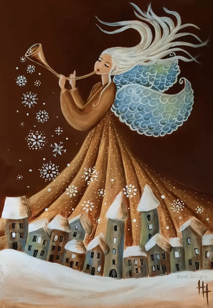 Een handgeschilderde illustratie van een sneeuw engel die sneeuw uit haar hoorn blaast