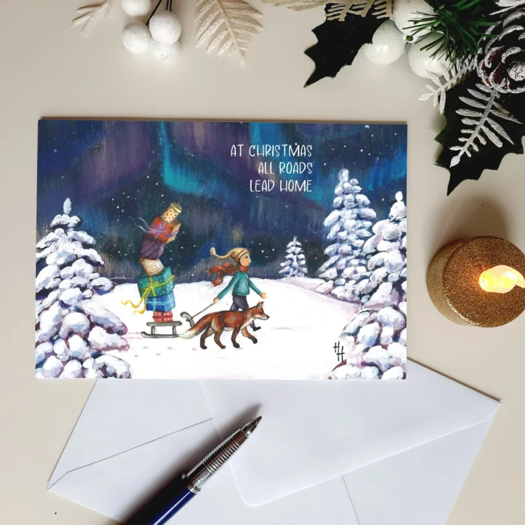 Kerstkaart dubbel - jongen met vos en slee met cadeau's en noorderlicht