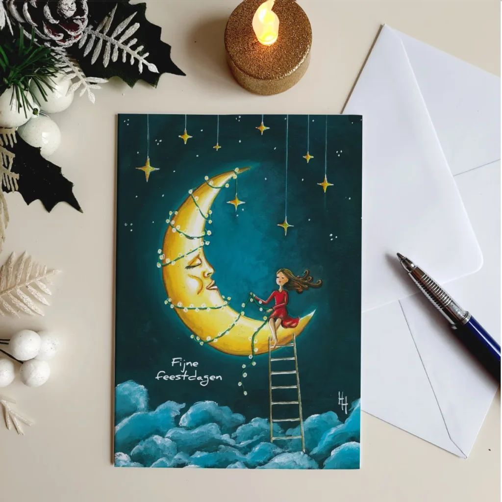 kerst kaart feestdagen meisje op de maan