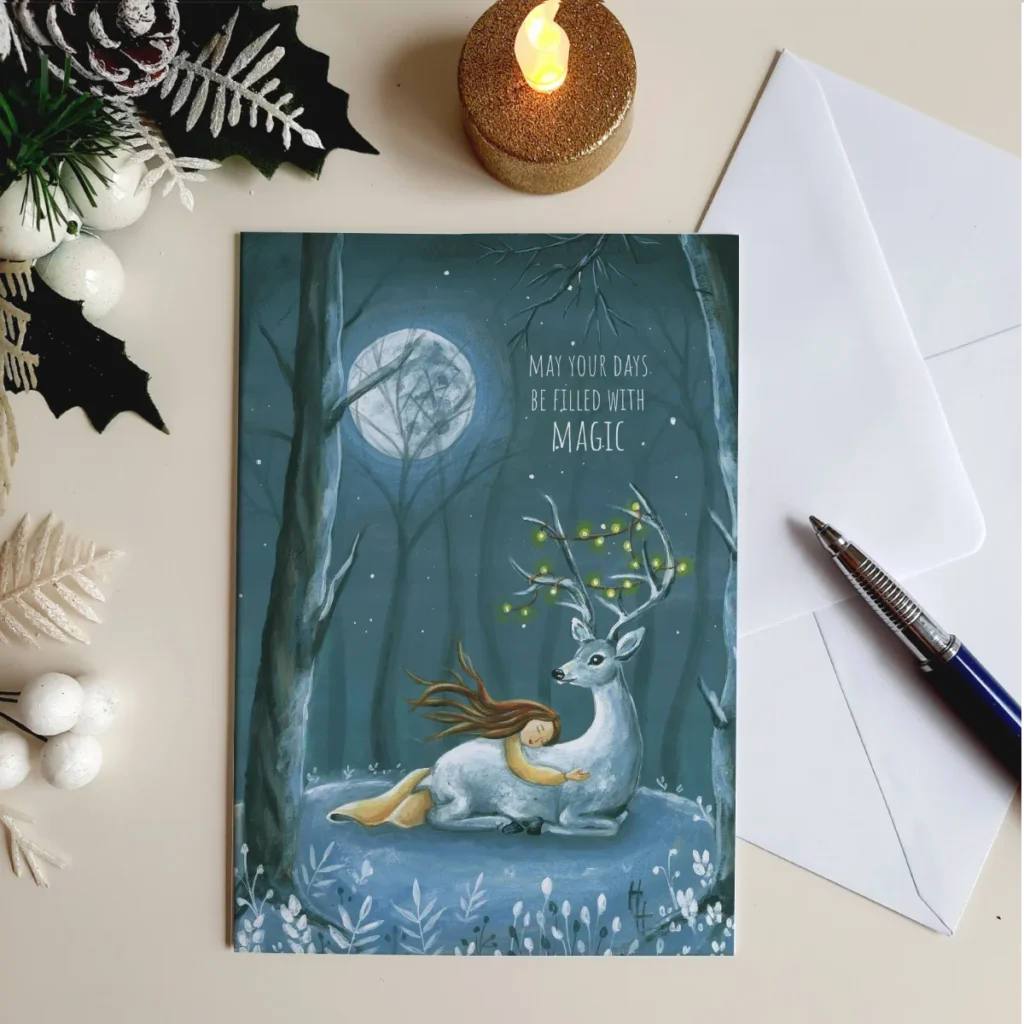 Dubbel rechthoekige kerstkaart meisje met hert