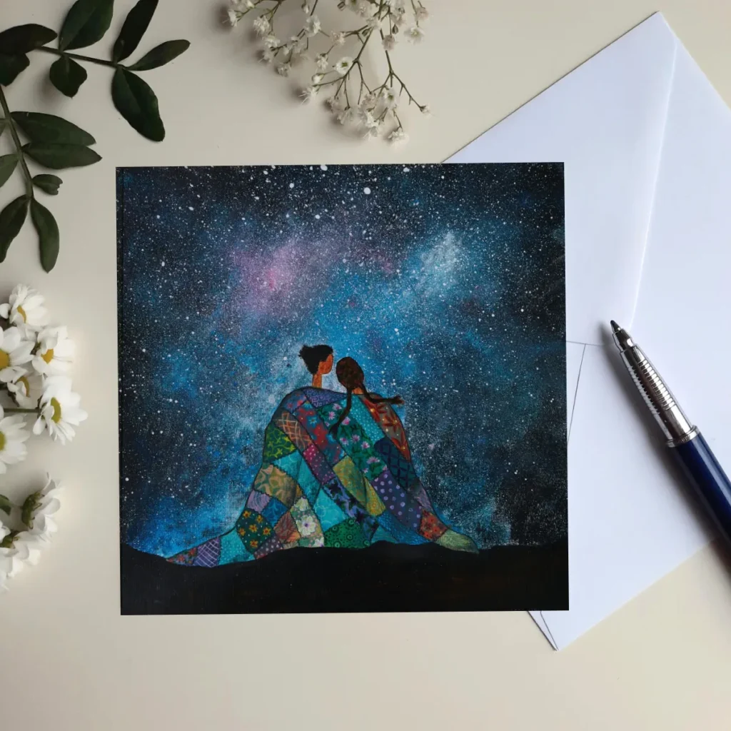 vierkante wenskaart van twee mensen onder een sterrenhemel