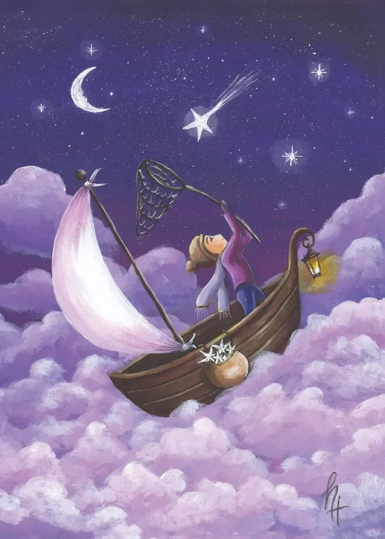 Jongetje in bootje drijvend op de roze wolken terwijl hij sterren vangt