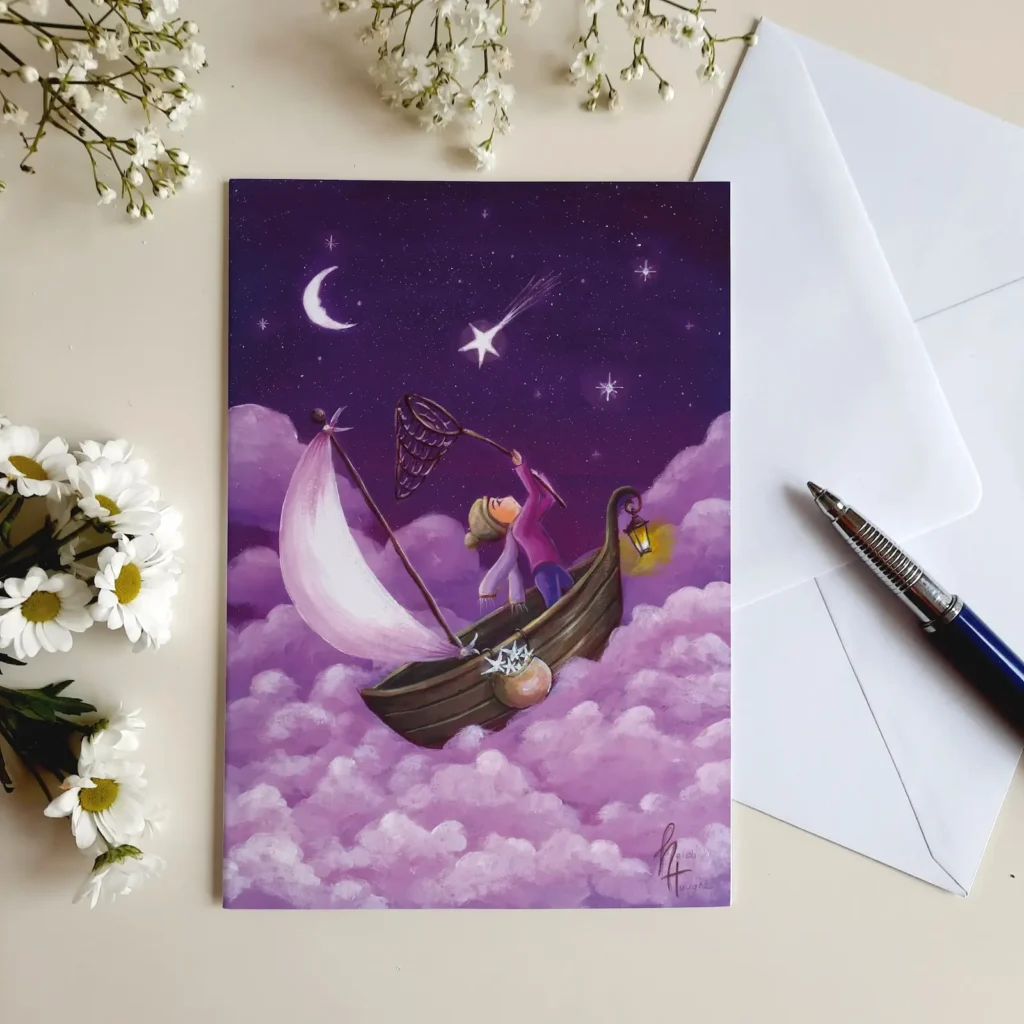 Wenskaart van jongen in bootje op de wolken die sterren vangt