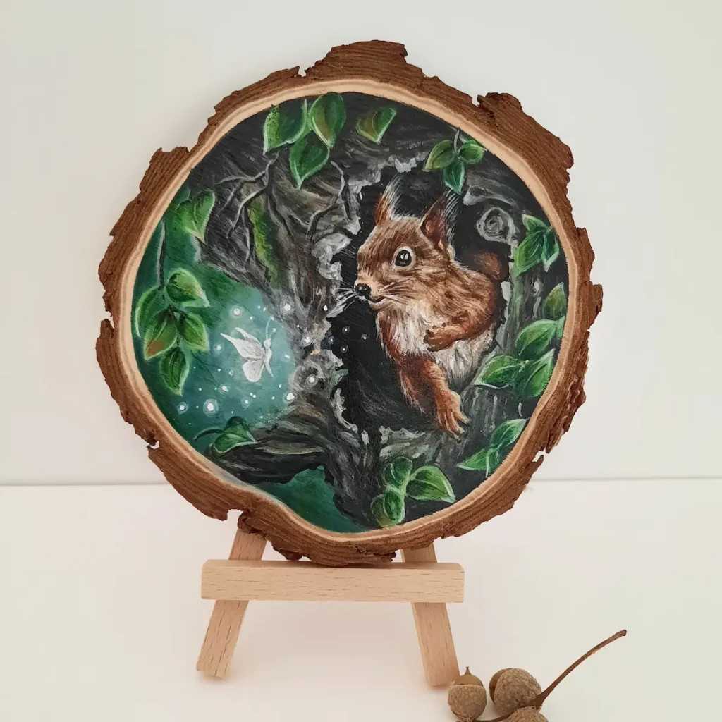 Schilderij op boomschijf van eekhoorn in boom met vlinder