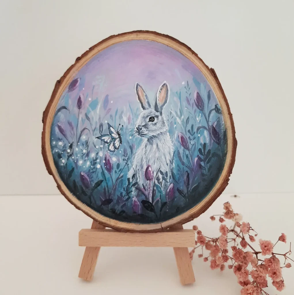 Schilderij op boomschijf van konijn en vlinder tussen bloemen