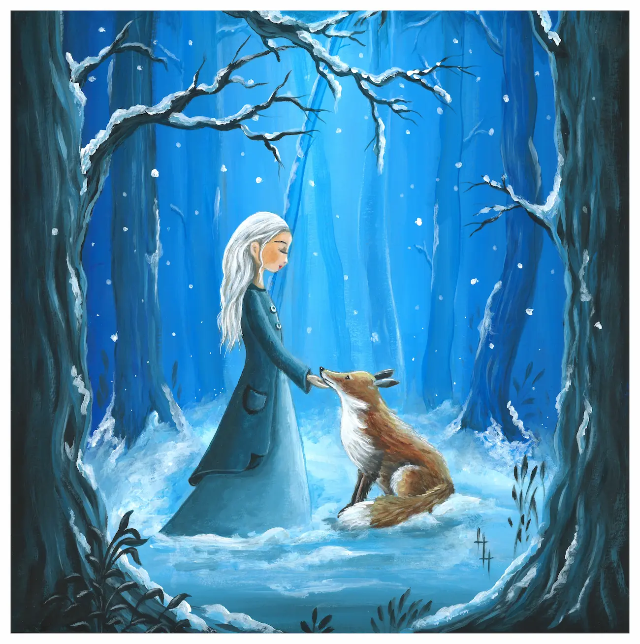 Meisje aait vos in besneeuwd bos