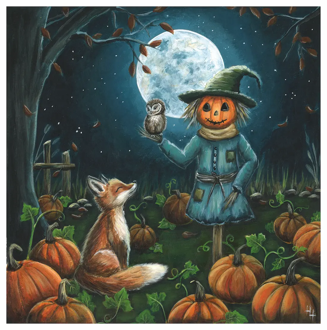 A fox an owl and a scarecrow having a conversation at a pumpkin patch under a moonlit sky
