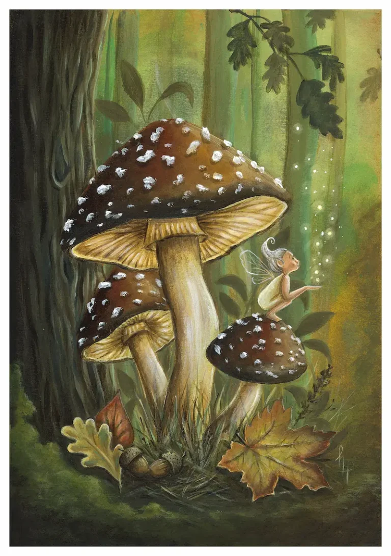 Fairy on brown mushroom with white dots in green forest