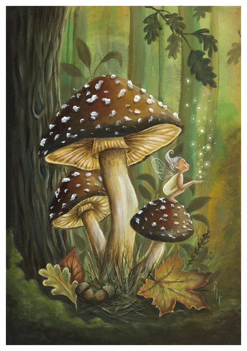 Fairy on brown mushroom with white dots in green forest