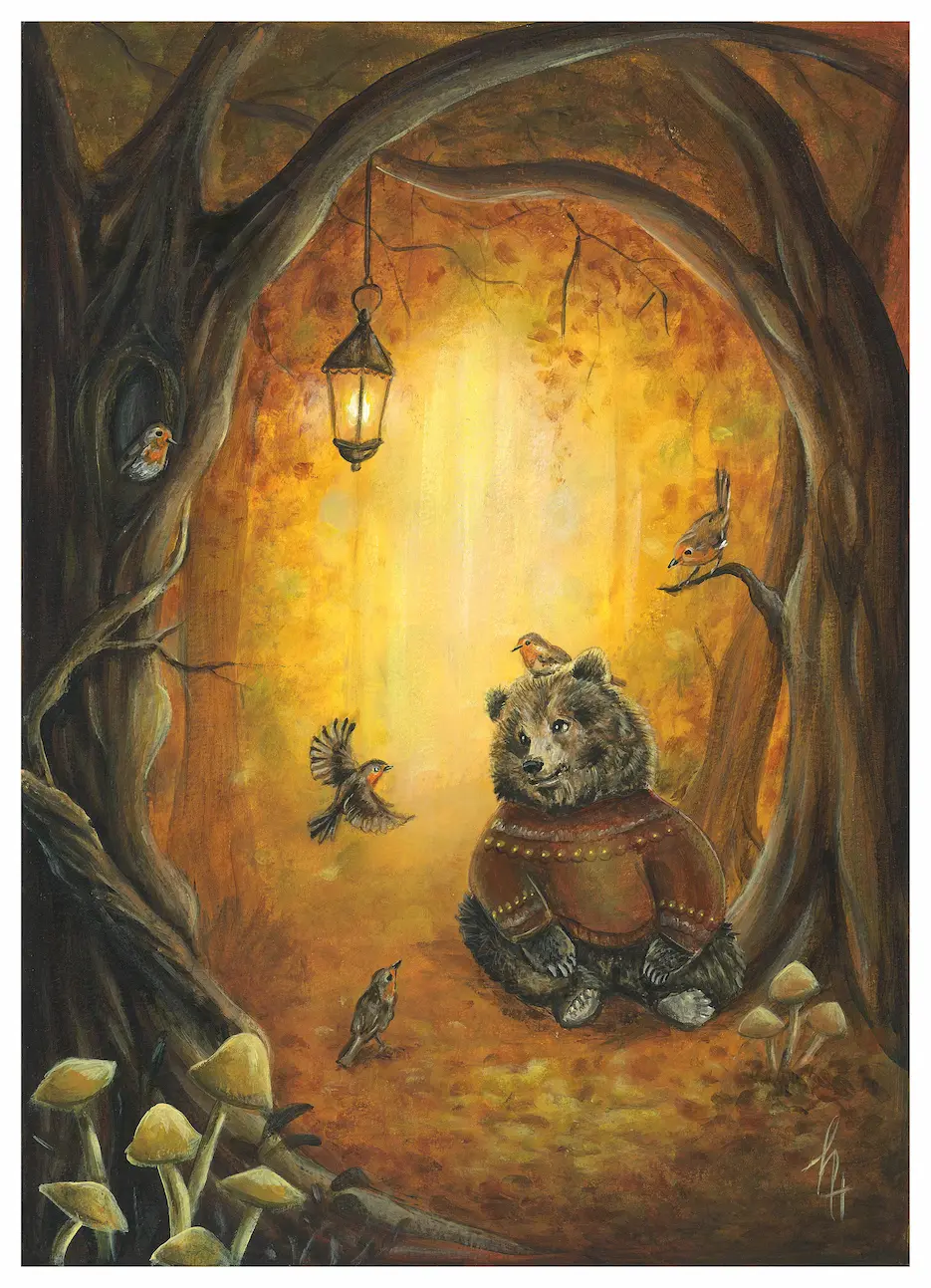 Cute bear in sweater surrounded by robins in a golden yellow forest